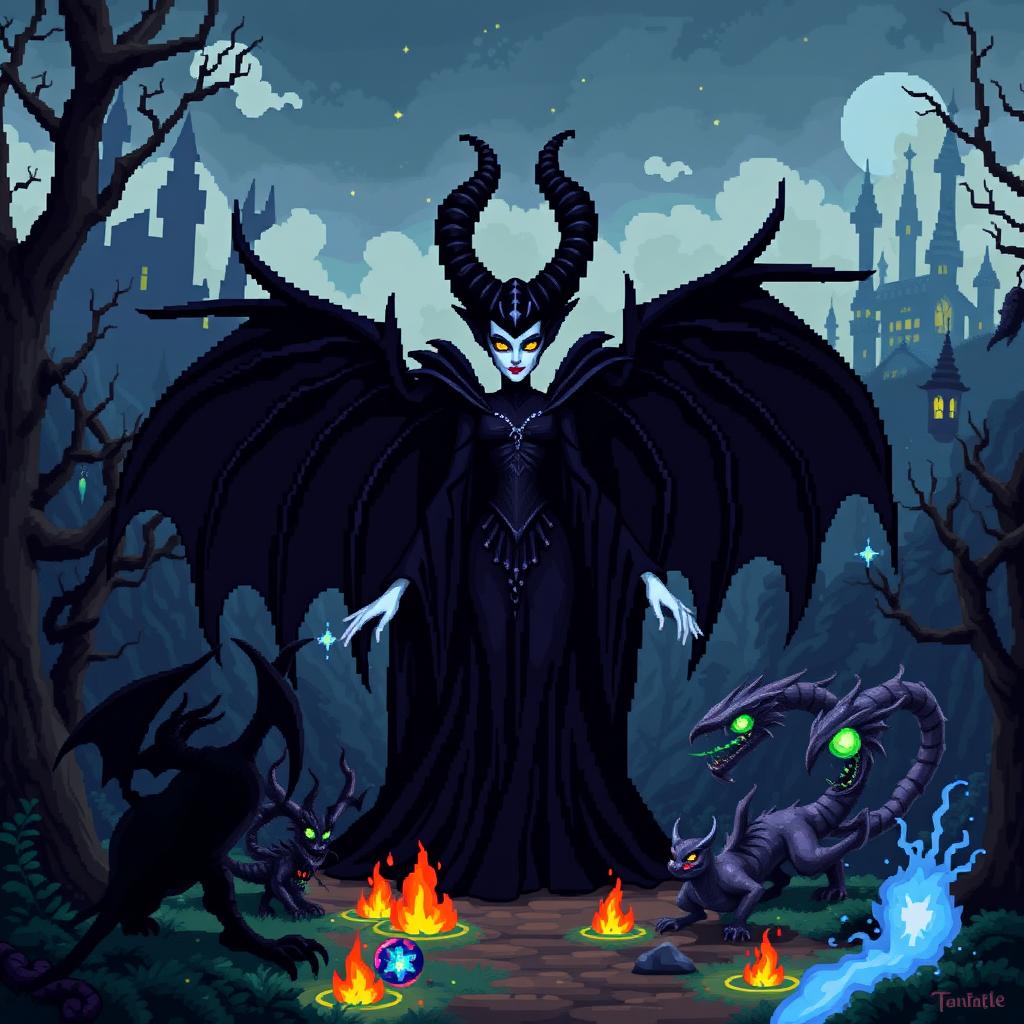 Pixel art depiction of Maleficent, a dark sorceress, standing powerfully in the center of an enchanted, ominous forest