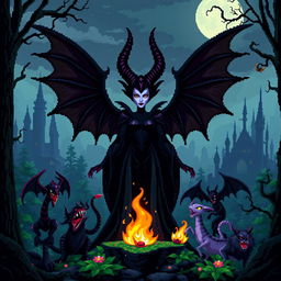 Pixel art depiction of Maleficent, a dark sorceress, standing powerfully in the center of an enchanted, ominous forest