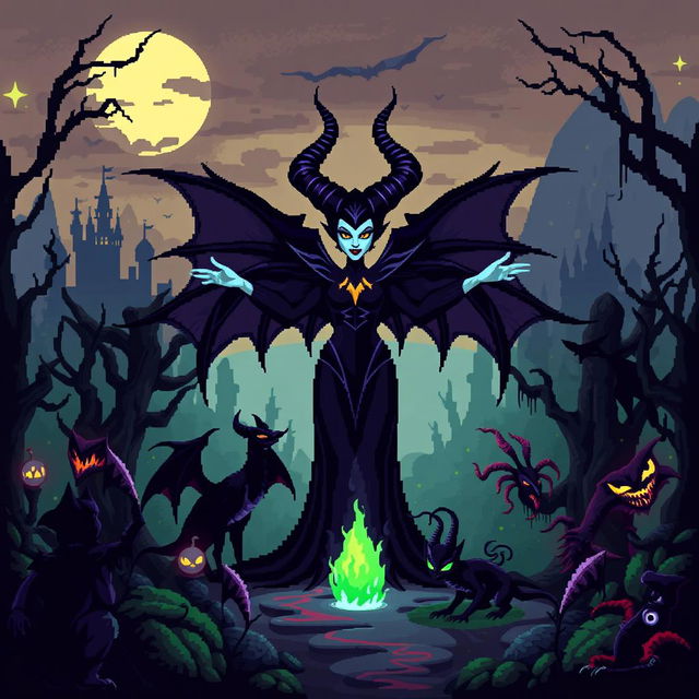 Pixel art depiction of Maleficent, a dark sorceress, standing powerfully in the center of an enchanted, ominous forest