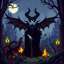 Pixel art depiction of Maleficent, a dark sorceress, standing powerfully in the center of an enchanted, ominous forest