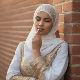 A Muslim woman in traditional attire, subtly illuminated by the warm glow of the evening sun, pensively smoking a cigarette while leaning against a vintage brick wall.