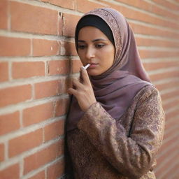 A Muslim woman in traditional attire, subtly illuminated by the warm glow of the evening sun, pensively smoking a cigarette while leaning against a vintage brick wall.