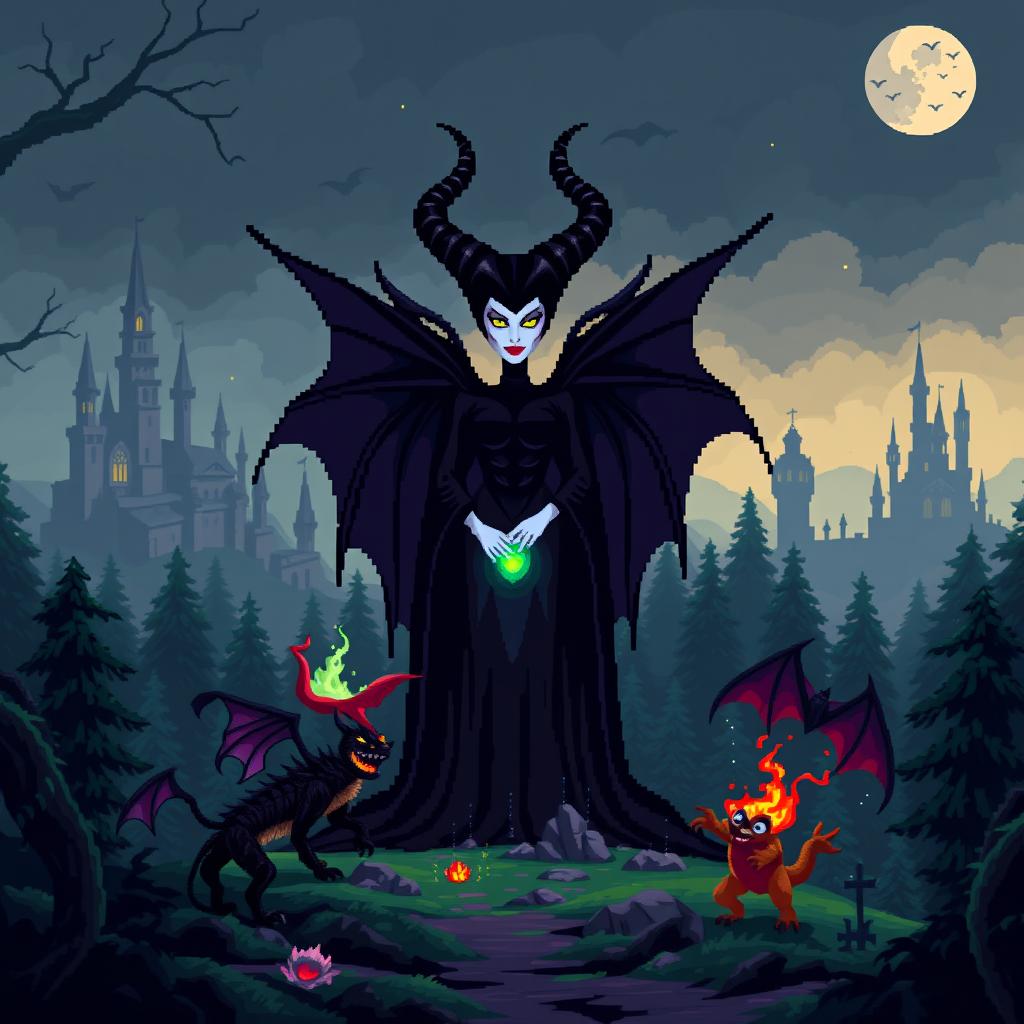 Pixel art depiction of Maleficent, a dark sorceress, standing powerfully in the center of an enchanted, ominous forest