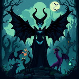 Pixel art depiction of Maleficent, a dark sorceress, standing powerfully in the center of an enchanted, ominous forest