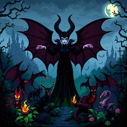 Pixel art depiction of Maleficent, a dark sorceress, standing powerfully in the center of an enchanted, ominous forest