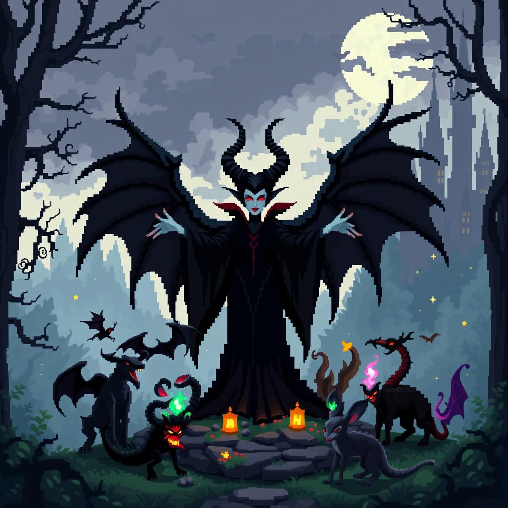 Pixel art depiction of Maleficent, a dark sorceress, standing powerfully in the center of an enchanted, ominous forest