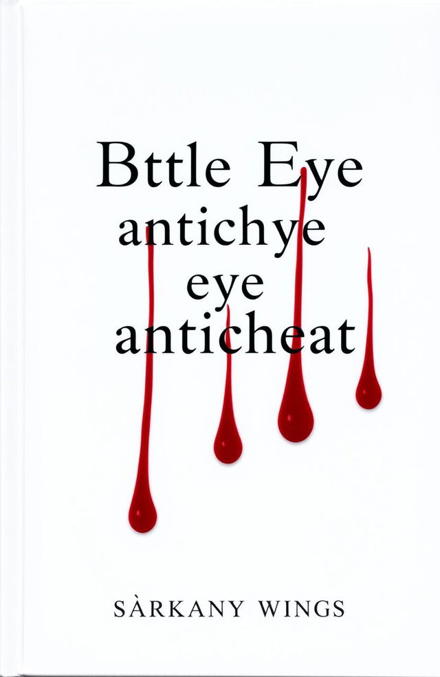 A minimalist horror book cover with a white background featuring red drops of blood elegantly running down