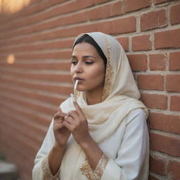 A Muslim woman in traditional attire, subtly illuminated by the warm glow of the evening sun, pensively smoking a cigarette while leaning against a vintage brick wall.