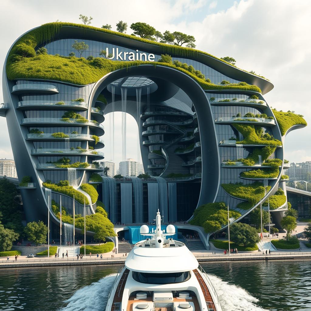 A bionic and futuristic building designed in the silhouette of Ukraine, featuring a large opening that mirrors the map of Ukraine