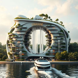 A bionic and futuristic building designed in the silhouette of Ukraine, featuring a large opening that mirrors the map of Ukraine