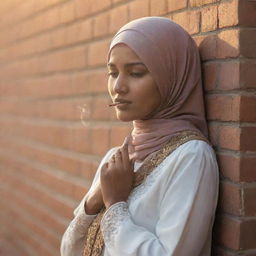 A Muslim woman in traditional attire, subtly illuminated by the warm glow of the evening sun, pensively smoking a cigarette while leaning against a vintage brick wall.