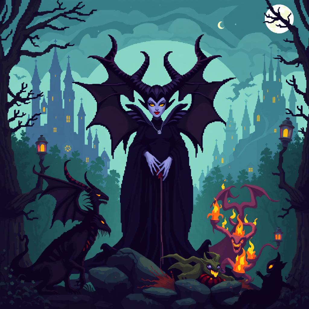 Pixel art depiction of Maleficent, a dark sorceress, standing powerfully in the center of an enchanted, ominous forest