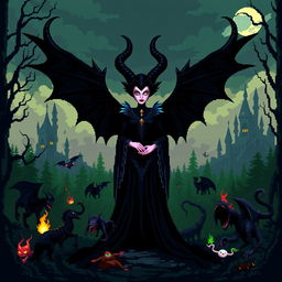 Pixel art depiction of Maleficent, a dark sorceress, standing powerfully in the center of an enchanted, ominous forest