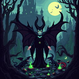 Pixel art depiction of Maleficent, a dark sorceress, standing powerfully in the center of an enchanted, ominous forest