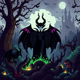 Pixel art depiction of Maleficent, a dark sorceress, standing powerfully in the center of an enchanted, ominous forest