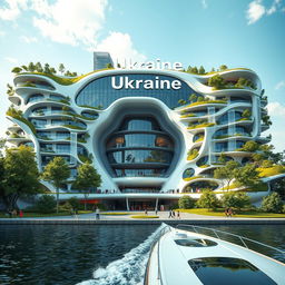 A futuristic and bionic building designed to resemble the map of Ukraine, located on an embankment