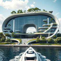 A futuristic and bionic building designed to resemble the map of Ukraine, located on an embankment