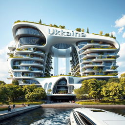 A futuristic and bionic building designed to resemble the map of Ukraine, located on an embankment