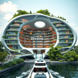 A futuristic and bionic building designed to resemble the map of Ukraine, located on an embankment