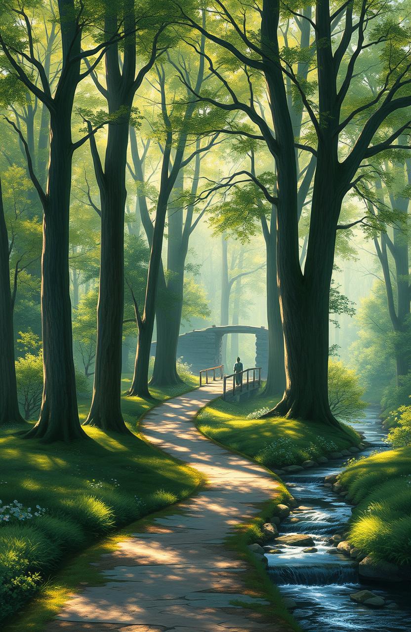 A serene landscape painting showcasing a tranquil path winding through a lush forest