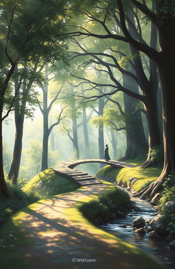 A serene landscape painting showcasing a tranquil path winding through a lush forest