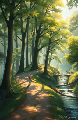 A serene landscape painting showcasing a tranquil path winding through a lush forest