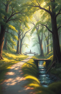 A serene landscape painting showcasing a tranquil path winding through a lush forest