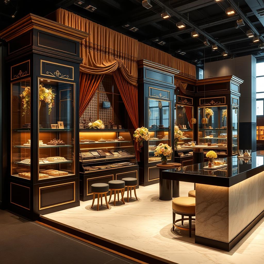 A luxurious and elegant chocolate stand design in a modern exhibition