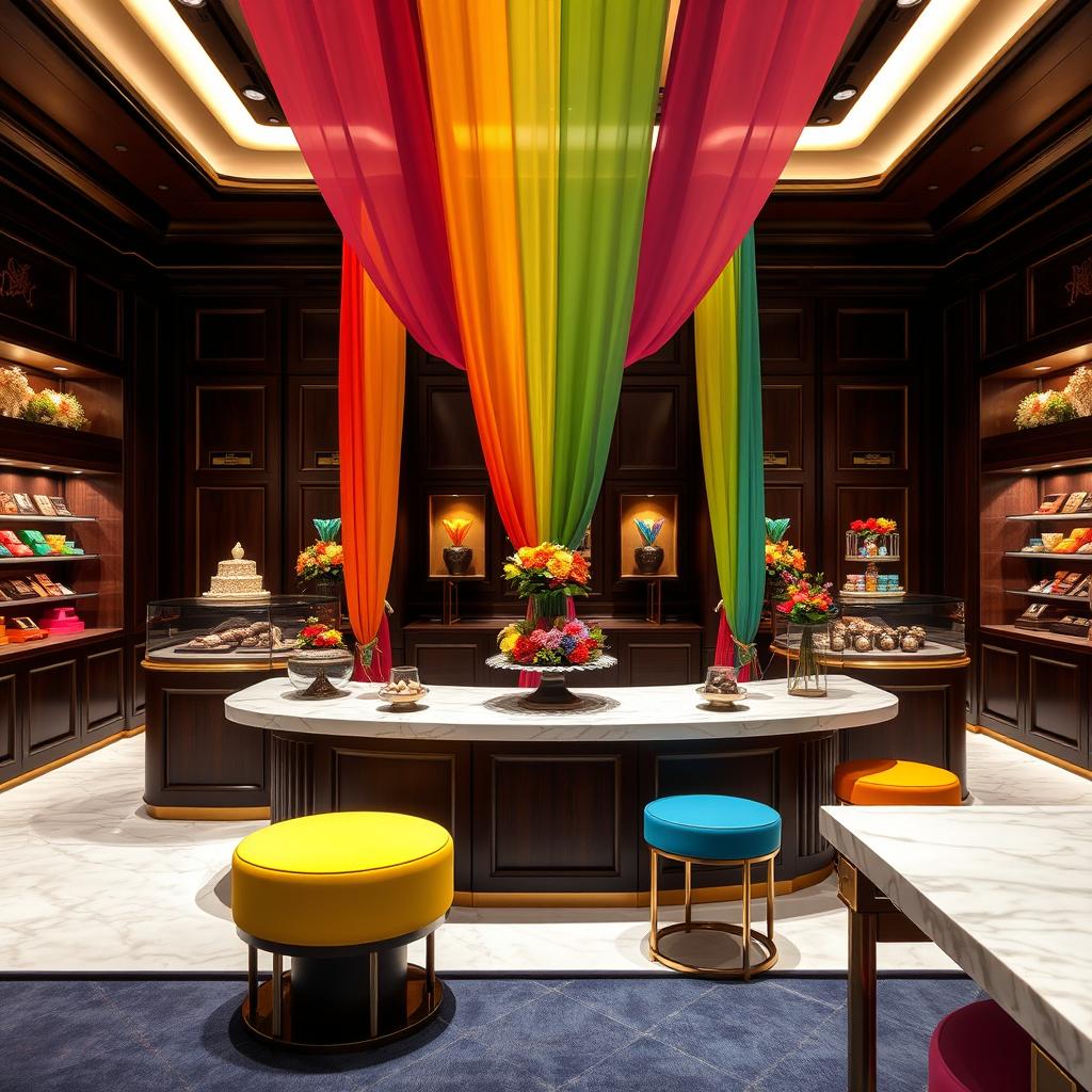 A luxurious and elegant chocolate stand design incorporating rainbow colors in a modern exhibition