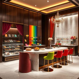 A luxurious and elegant chocolate stand design incorporating rainbow colors in a modern exhibition