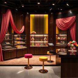 A luxurious and elegant chocolate stand design incorporating rainbow colors in a modern exhibition