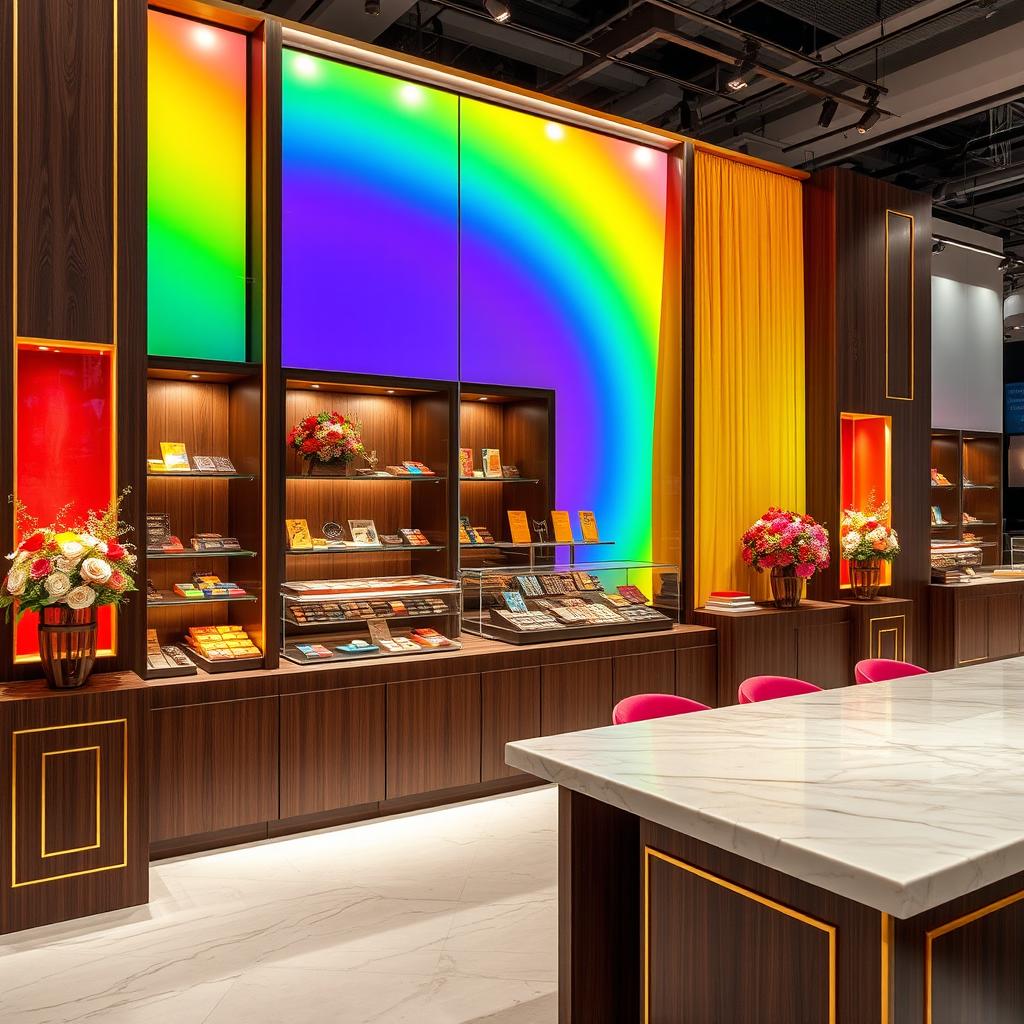 A luxurious and elegant chocolate stand design with rainbow colors and a central glass display in a modern exhibition