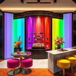 A luxurious and elegant chocolate stand design with rainbow colors and a central glass display in a modern exhibition