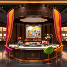 A luxurious and elegant chocolate stand design with rainbow colors and a central glass display in a modern exhibition