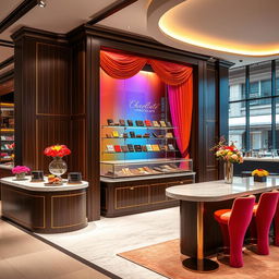 A luxurious and elegant chocolate stand design with rainbow colors and a central glass display in a modern exhibition