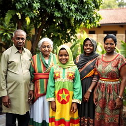 A beautiful Ethiopian family gathering in an outdoor green garden compound