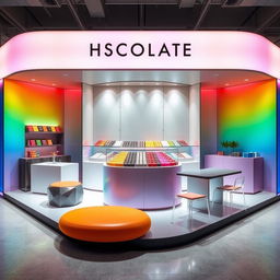 A modern chocolate stand design with rainbow colors and a central glass display in a contemporary exhibition