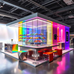 A modern chocolate stand design with rainbow colors and a central glass display in a contemporary exhibition