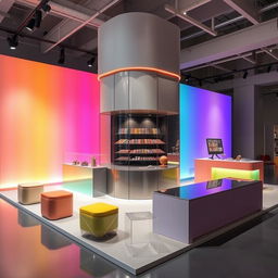 A modern chocolate stand design with rainbow colors and a central glass display in a contemporary exhibition