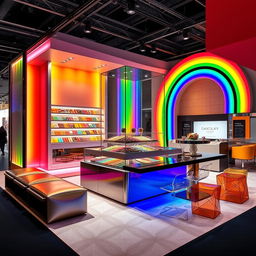 A modern chocolate stand design with rainbow colors and a central glass display in a contemporary exhibition