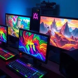 Three computers, all turned on and displaying colorful RPG games on their screens