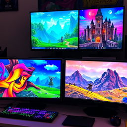 Three computers, all turned on and displaying colorful RPG games on their screens