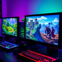 Three computers, all turned on and displaying colorful RPG games on their screens