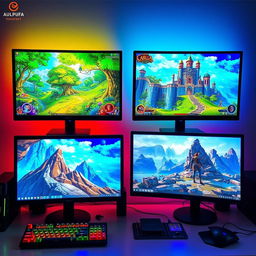 Three computers, all turned on and displaying colorful RPG games on their screens