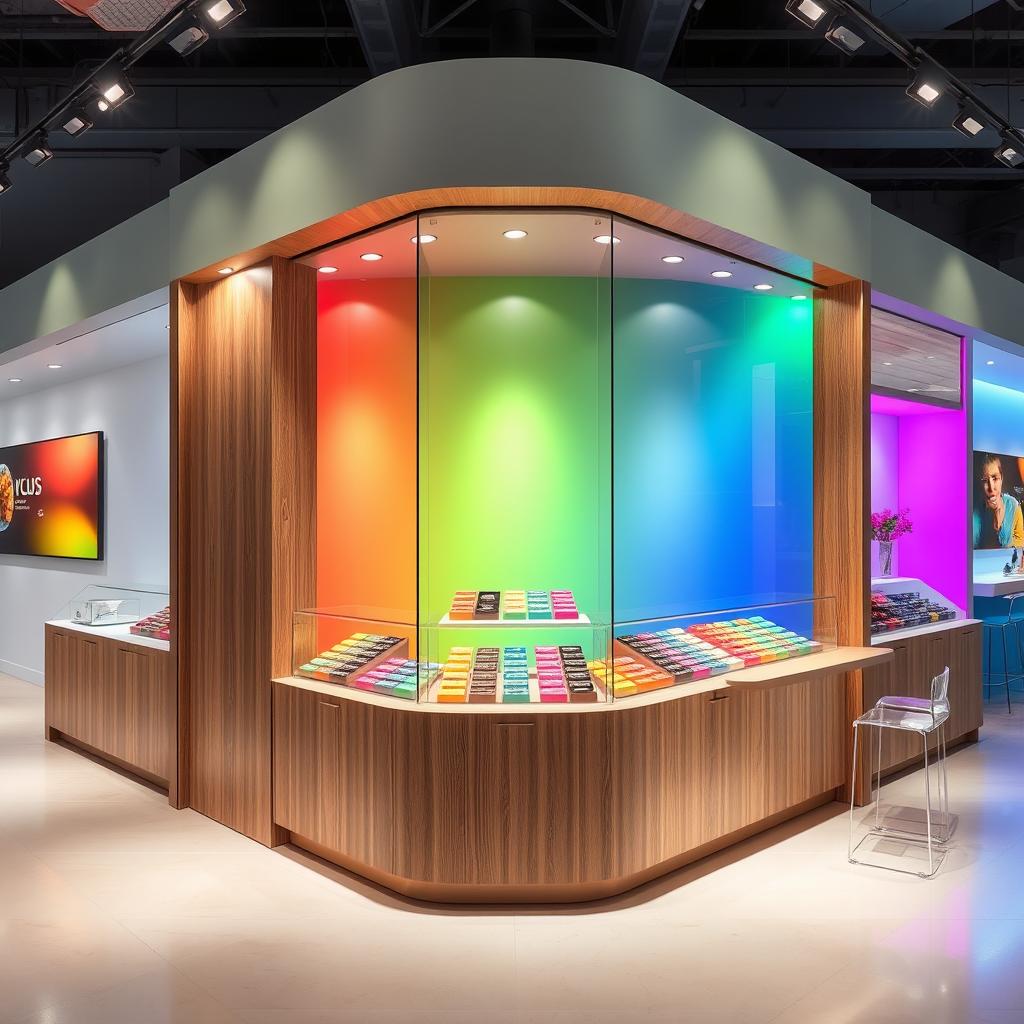 A modern chocolate stand design with rainbow colors, featuring a central glass display surrounded by wood elements