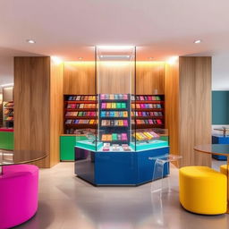 A modern chocolate stand design with rainbow colors, featuring a central glass display surrounded by wood elements