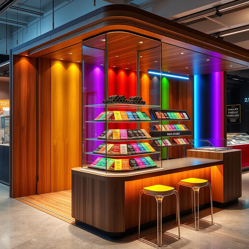 A modern chocolate stand design with rainbow colors, featuring a central glass display surrounded by wood elements