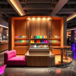 A modern chocolate stand design with rainbow colors, featuring a central glass display surrounded by wood elements