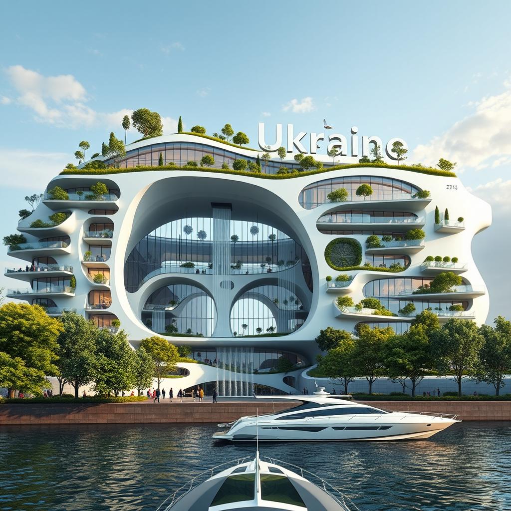 A futuristic and bionic building designed to replicate the map of Ukraine, situated on an embankment