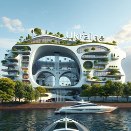 A futuristic and bionic building designed to replicate the map of Ukraine, situated on an embankment